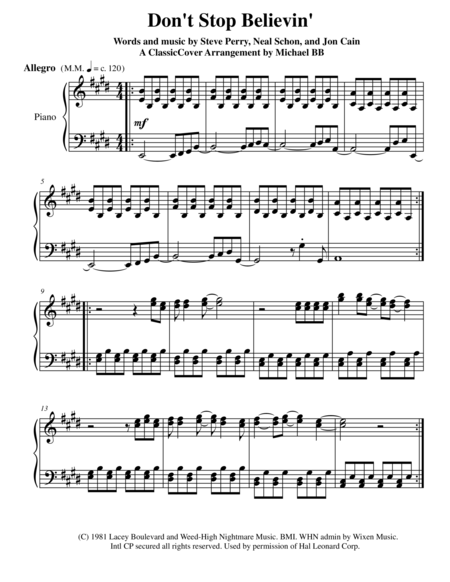 Free Sheet Music Dont Stop Believin A Classiccover Arrangement By Michael Bb From Gateway Editions