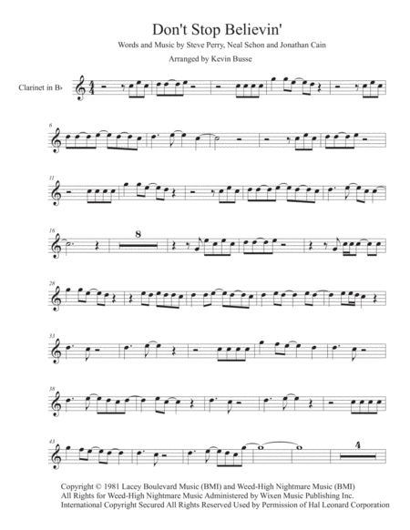 Dont Stop Believin Easy Key Of C Clarinet Sheet Music