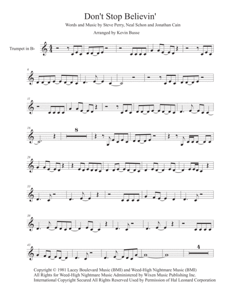 Dont Stop Believin Easy Key Of C Trumpet Sheet Music