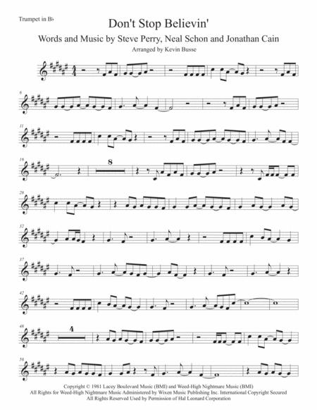 Dont Stop Believin Original Key Trumpet Sheet Music