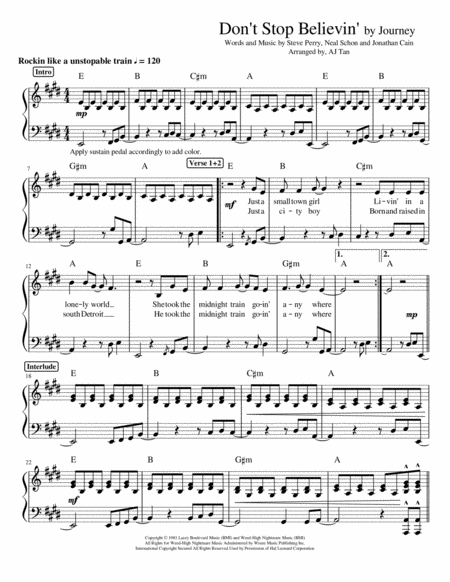 Dont Stop Believin Piano Version Sheet Music