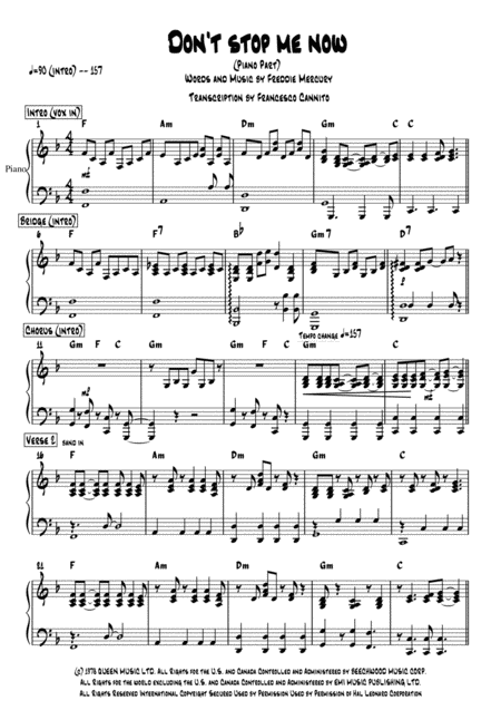 Dont Stop Me Know Queen Piano Part Sheet Music