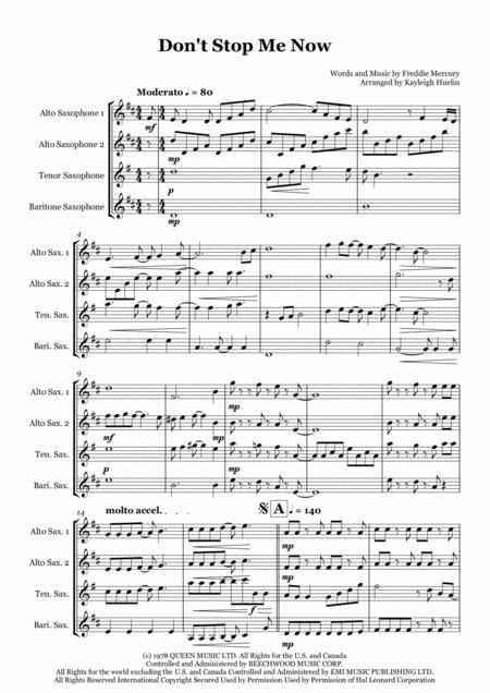 Dont Stop Me Now By Queen Saxophone Quartet Aatb Sheet Music