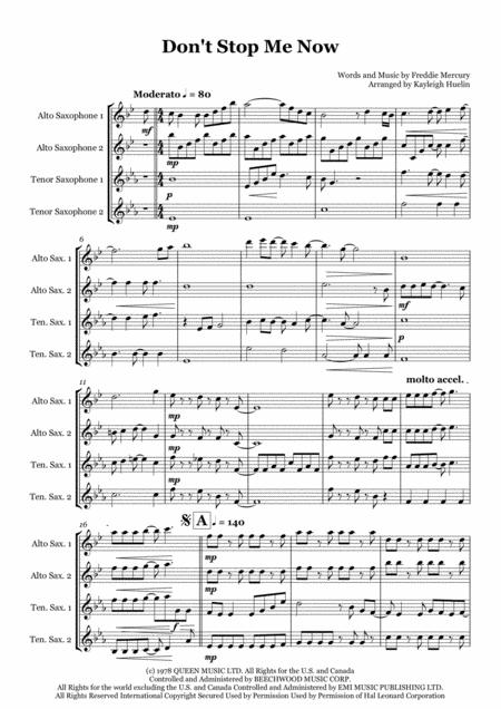 Dont Stop Me Now By Queen Saxophone Quartet Aatt Sheet Music