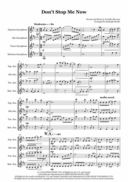 Dont Stop Me Now By Queen Saxophone Quartet Satb Sheet Music