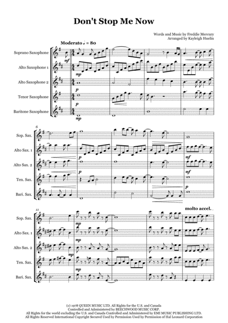 Dont Stop Me Now By Queen Saxophone Quintet Saatb Sheet Music