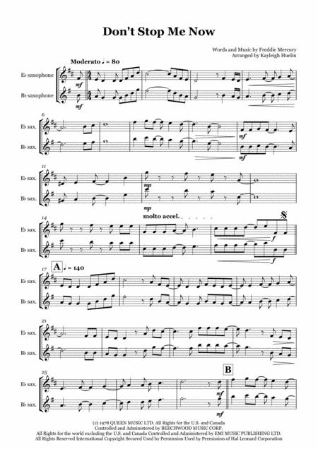 Dont Stop Me Now By Queen Solo Saxophone In Eb Bb Sheet Music