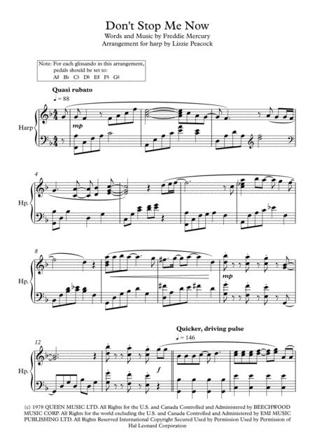 Dont Stop Me Now Pedal Harp Solo Sheet Music