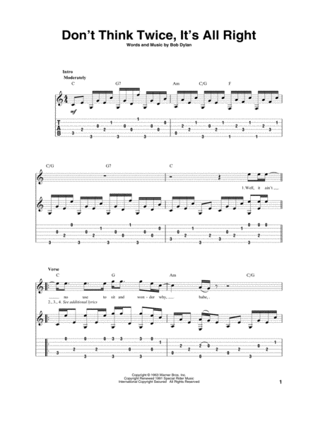 Dont Think Twice Its All Right Sheet Music