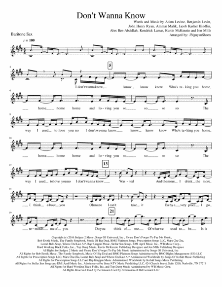Dont Wanna Know Baritone Saxophone Sheet Music