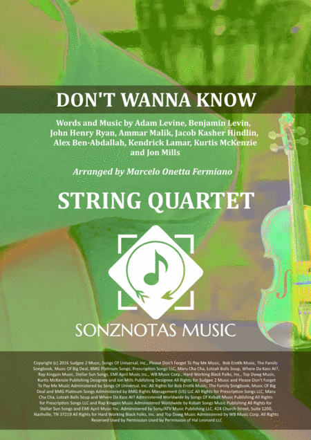 Dont Wanna Know Sheet Music For String Quartet Score And Parts Sheet Music