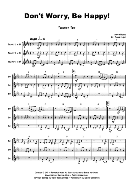 Free Sheet Music Dont Worry Be Happy Easy Funny Bobby Mcferrin Trumpet Trio