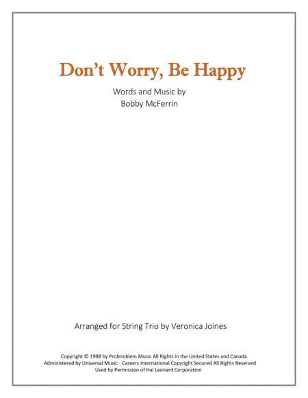 Free Sheet Music Dont Worry Be Happy For String Trio Violin 1 Violin 2 Cello