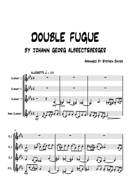 Double Fugue By Johann Georg Albrechtsberger For Clarinet Quartet Sheet Music