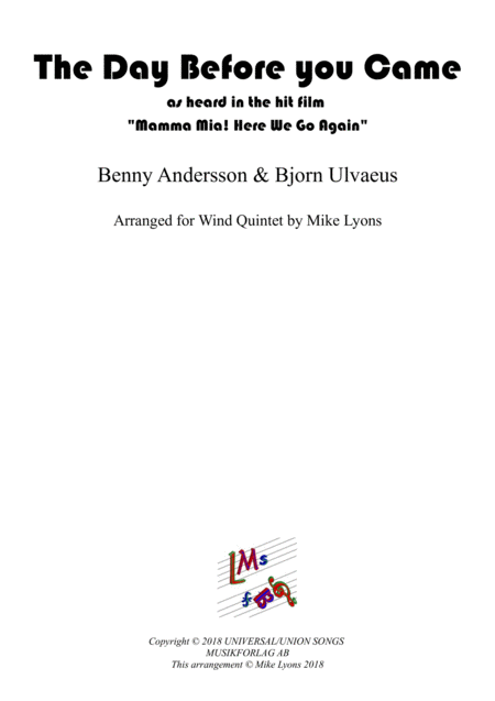 Free Sheet Music Double Reed Quintet The Day Before You Came