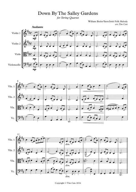 Down By The Salley Gardens String Quartet Sheet Music