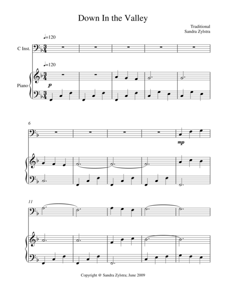 Down In The Valley Bass C Instrument Solo Sheet Music