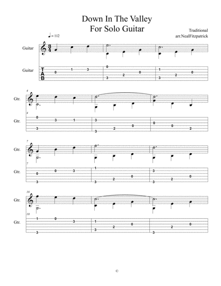 Down In The Valley For Solo Guitar Beginner Sheet Music