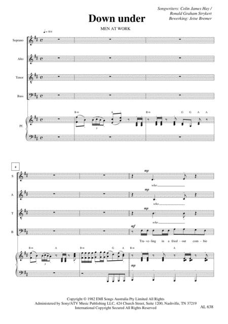 Down Under Satb Piano Sheet Music