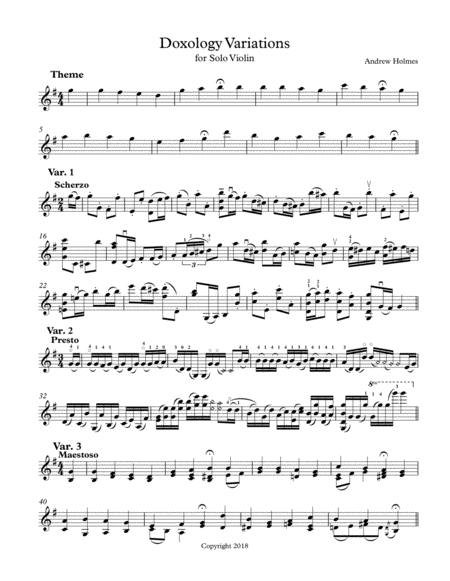 Doxology Variations For Solo Violin Sheet Music