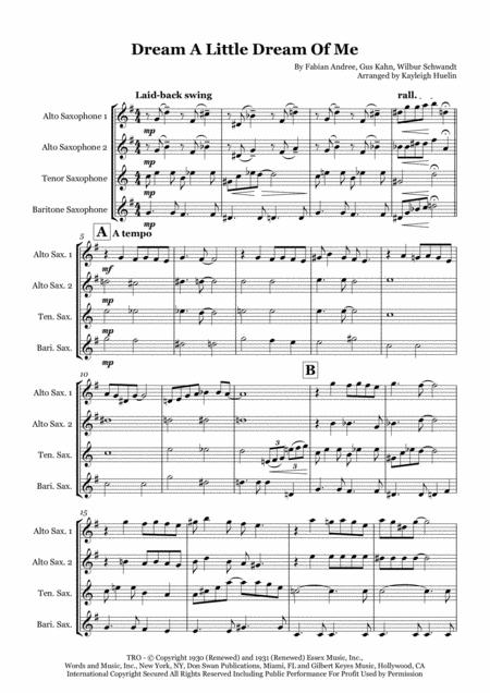 Dream A Little Dream Of Me By The Mamas And The Papas Saxophone Quartet Aatb Sheet Music