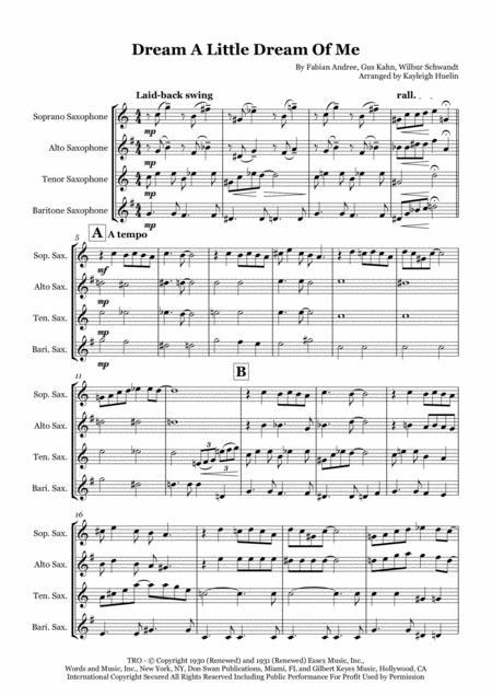 Free Sheet Music Dream A Little Dream Of Me By The Mamas And The Papas Saxophone Quartet Satb