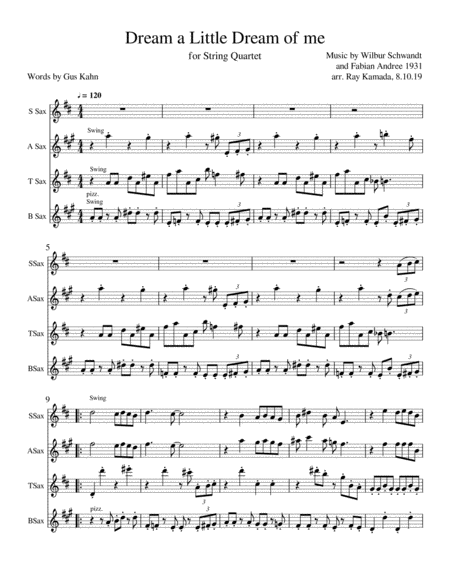 Dream A Little Dream Of Me For Sax Quartet Sheet Music