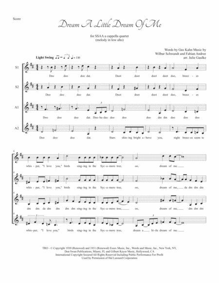 Free Sheet Music Dream A Little Dream Of Me For Ssaa A Cappella Quartet Melody In Low Alto