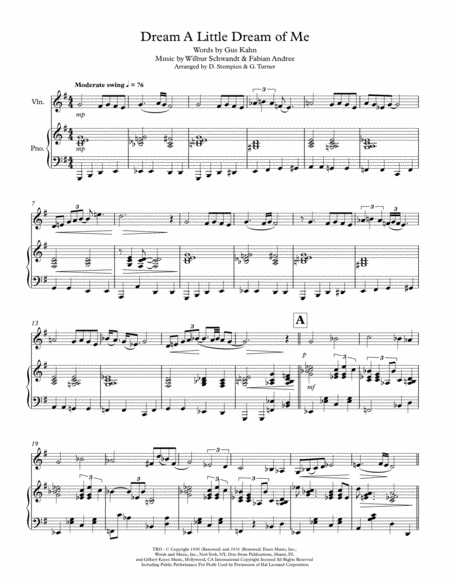 Free Sheet Music Dream A Little Dream Of Me For Violin Solo With Piano Accompaniment Ella Fitzgerald Louis Armstrong