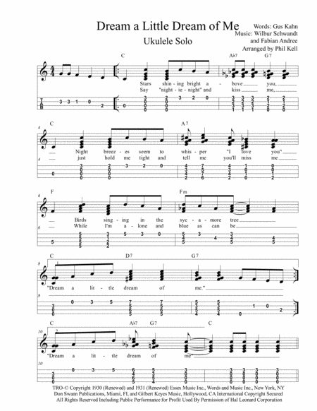 Free Sheet Music Dream A Little Dream Of Me Ukulele Chord Melody Solo