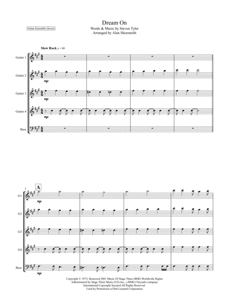 Dream On Guitar Ensemble Score Guitar Bass Tab Parts Optional Parts Sheet Music