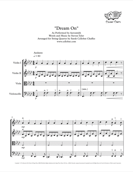 Dream On String Quartet Aerosmith Arr Cellobat Sheet Music