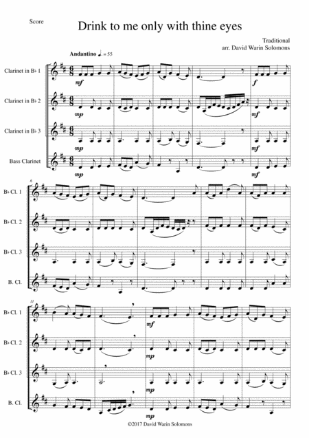 Drink To Me Only With Thine Eyes For Clarinet Quartet 3 B Flat Clarinets 1 Bass Clarinet Sheet Music