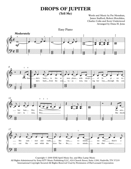 Drops Of Jupiter Tell Me For Easy Piano Sheet Music