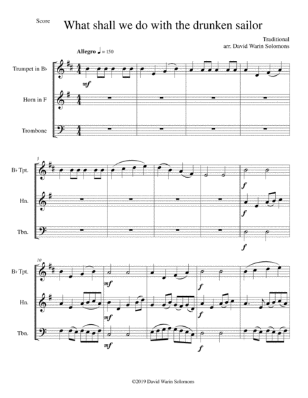 Drunken Sailor For Brass Trio Trumpet Horn Trombone Sheet Music