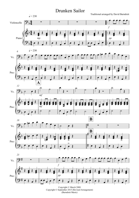 Free Sheet Music Drunken Sailor For Cello And Piano