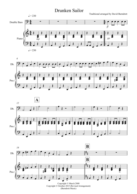 Drunken Sailor For Double Bass And Piano Sheet Music