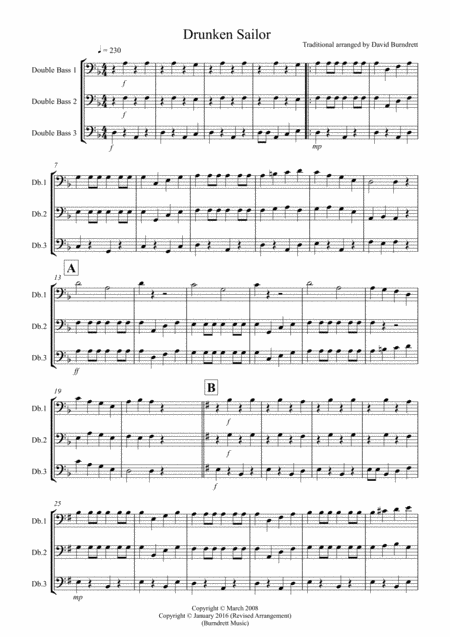 Drunken Sailor For Double Bass Trio Sheet Music