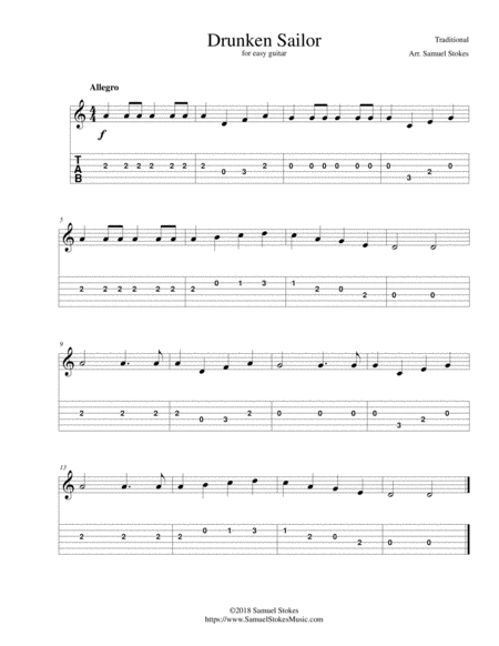 Drunken Sailor For Easy Guitar With Tab Sheet Music