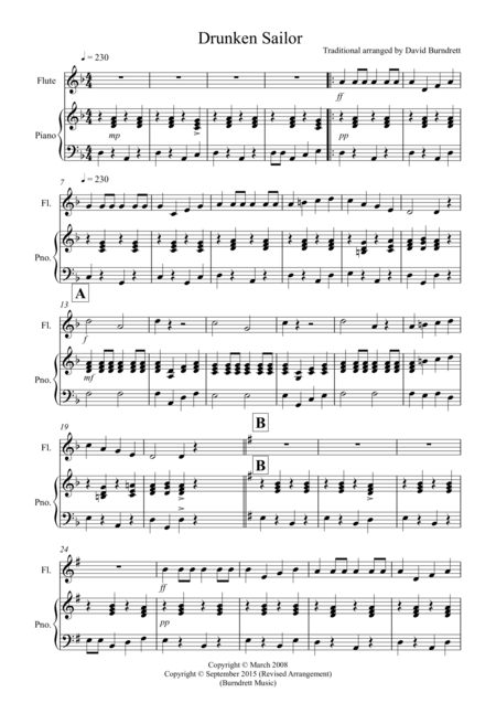 Free Sheet Music Drunken Sailor For Flute And Piano