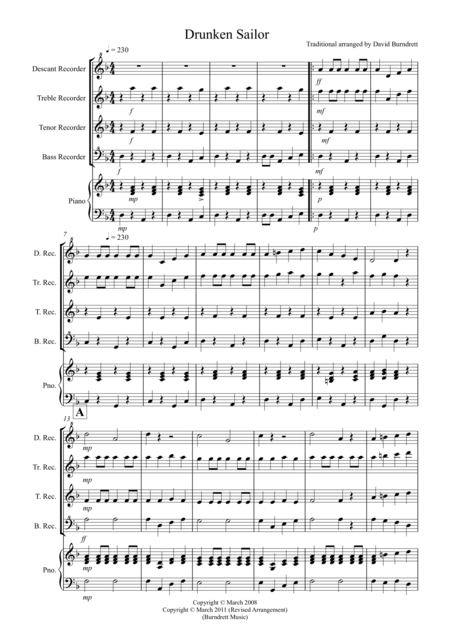 Drunken Sailor For Recorder Quartet Sheet Music