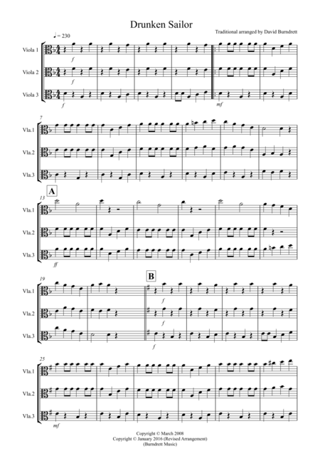 Drunken Sailor For Viola Trio Sheet Music