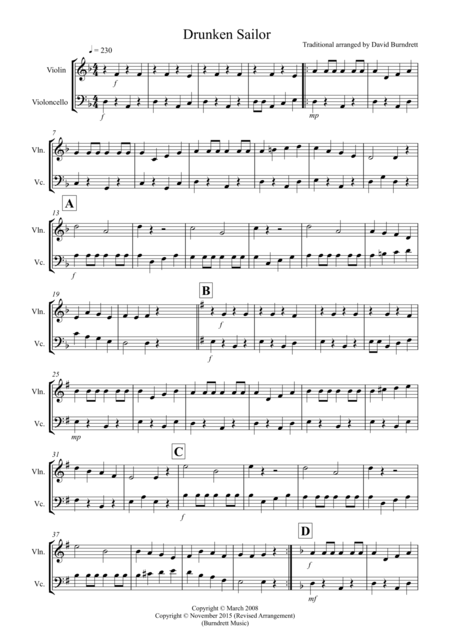 Free Sheet Music Drunken Sailor For Violin And Cello