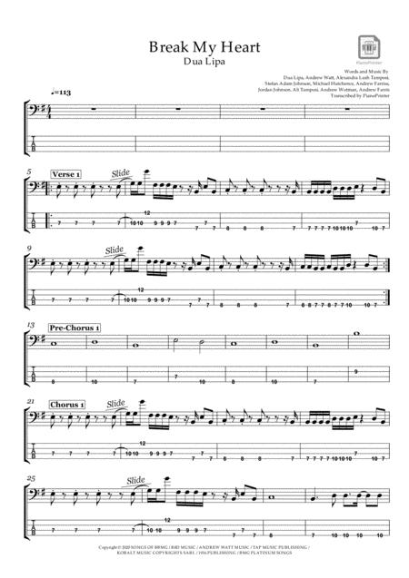 Dua Lipa Break My Heart Bass Sheet Music