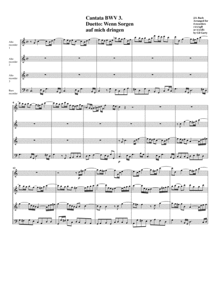 Duetto Wenn Sorgen Auf Mich Dringen From Cantata Bwv 3 Arrangement For 4 Recorders Sheet Music