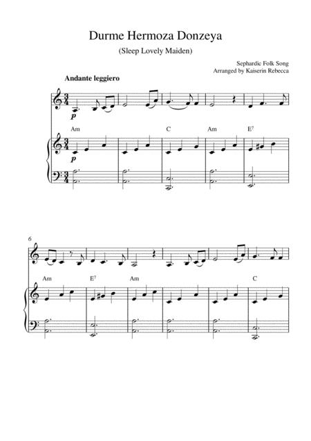 Durme Hermoza Donzeya Sleep Lovely Maiden For Violin Solo And Piano Accompaniment Sheet Music