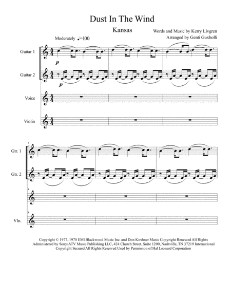 Free Sheet Music Dust In The Wind 2 Guitar Violin Vocal