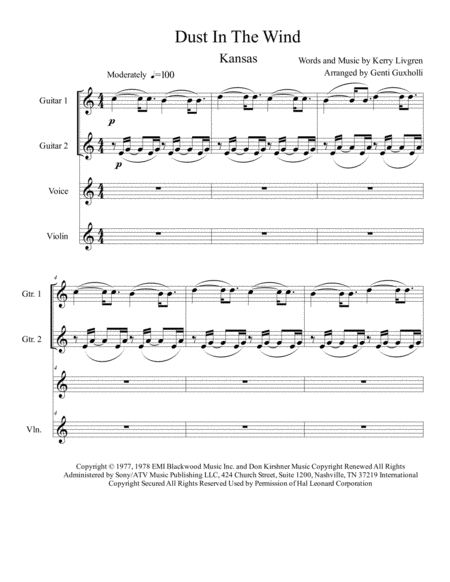 Dust In The Wind 2 Guitar Violin Vocal Sheet Music