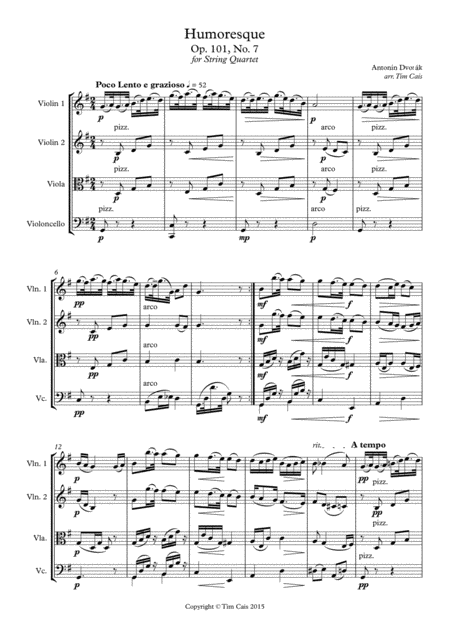 Dvo K Humoresque No 7 String Quartet Sheet Music