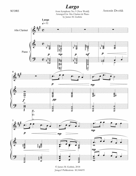 Free Sheet Music Dvo K Largo From The New World Symphony For Alto Clarinet Piano